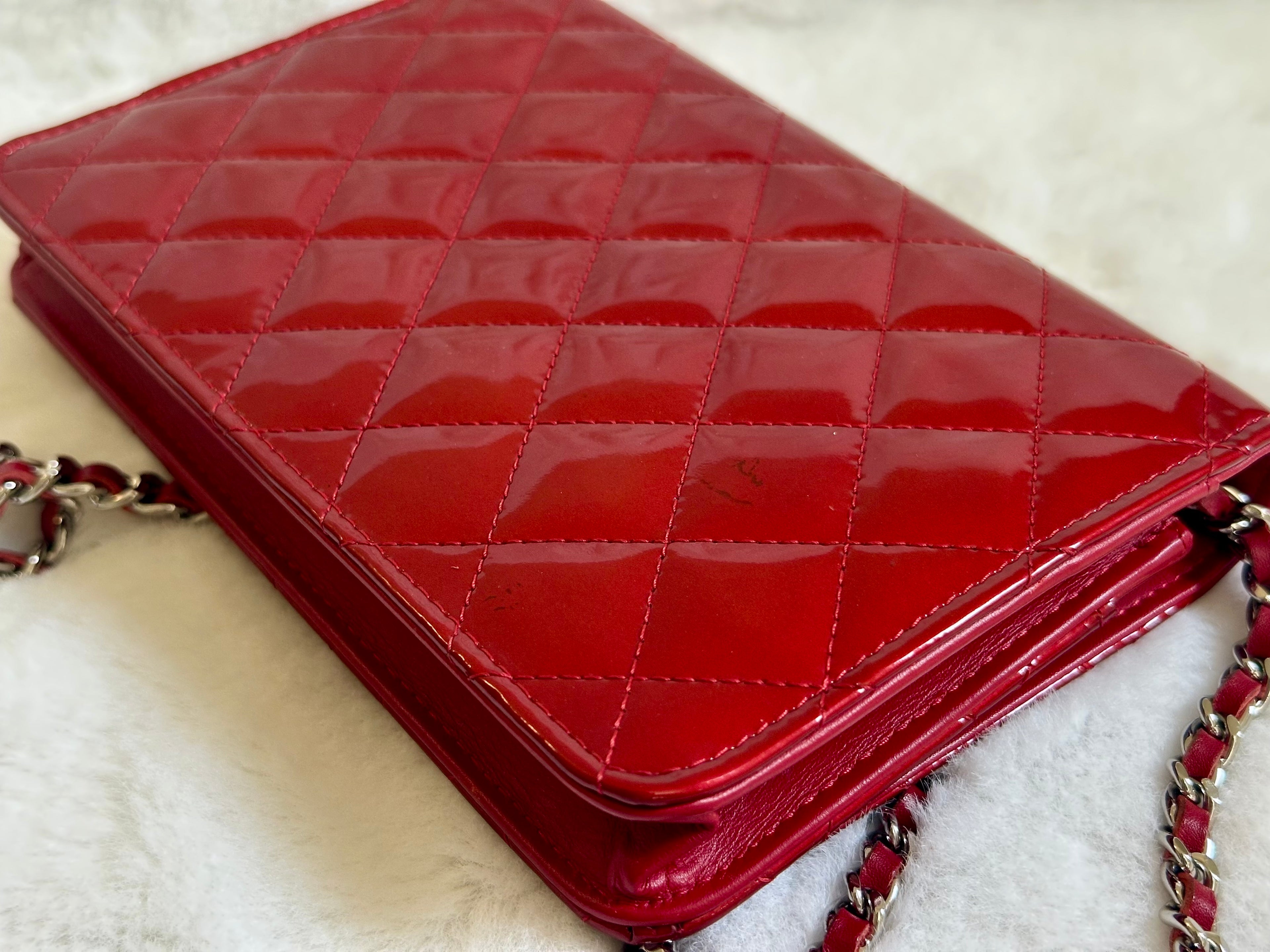 Chanel Patent Quilted Brilliant Wallet On Chain WOC in Red