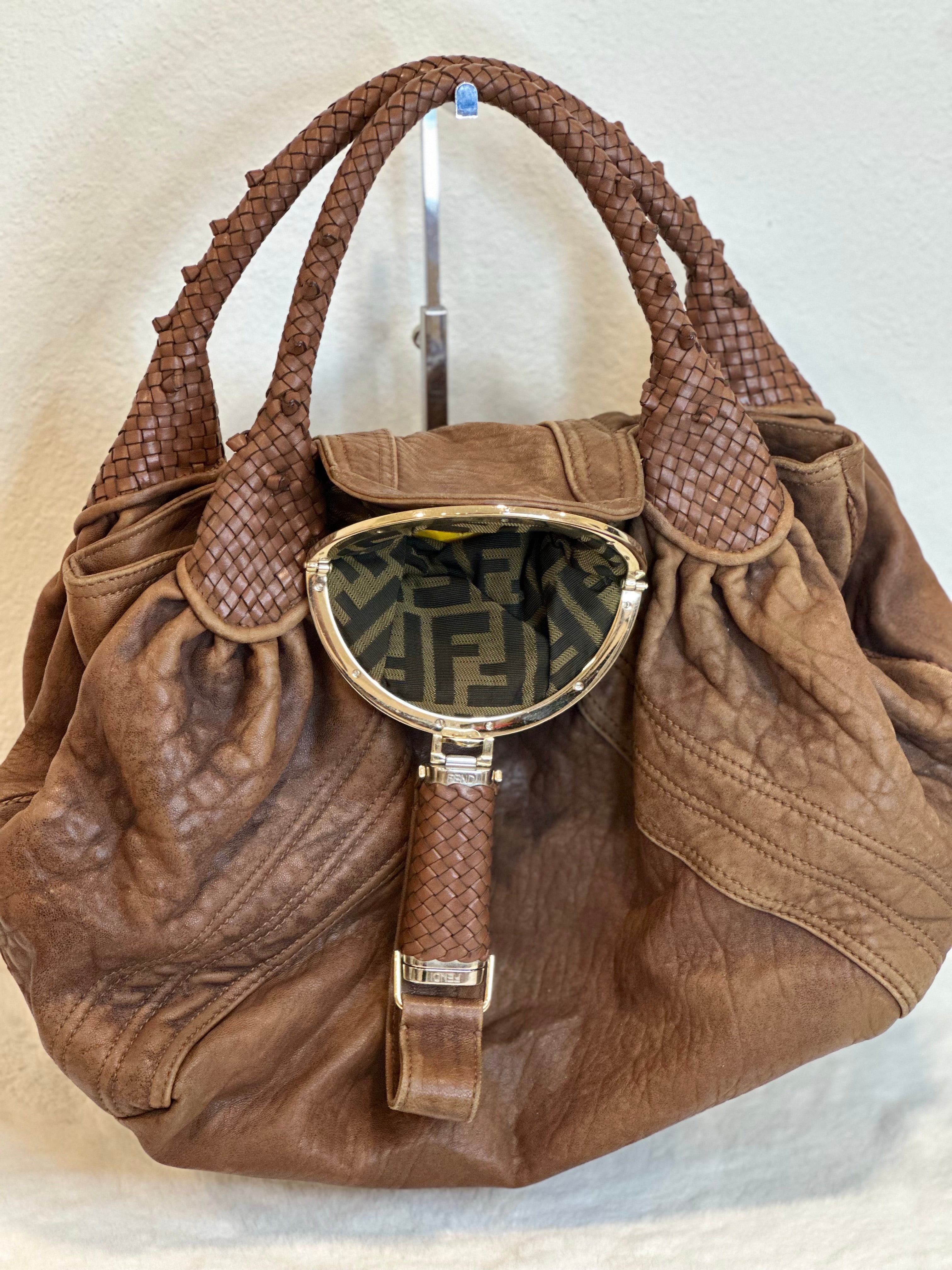 Fendi Zucca Nappa Nuvolata Vitello Tortuga Spy Bag Tobacco Brown Leather