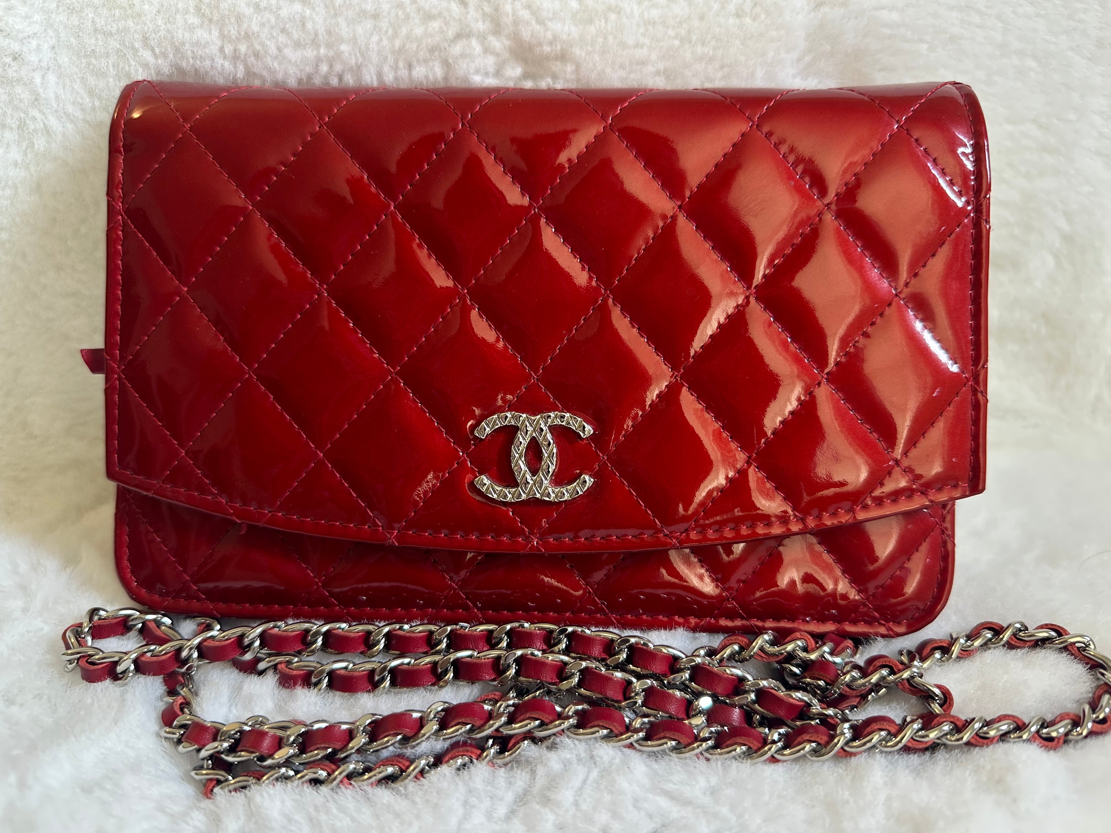 Chanel Patent Quilted Brilliant Wallet On Chain WOC in Red