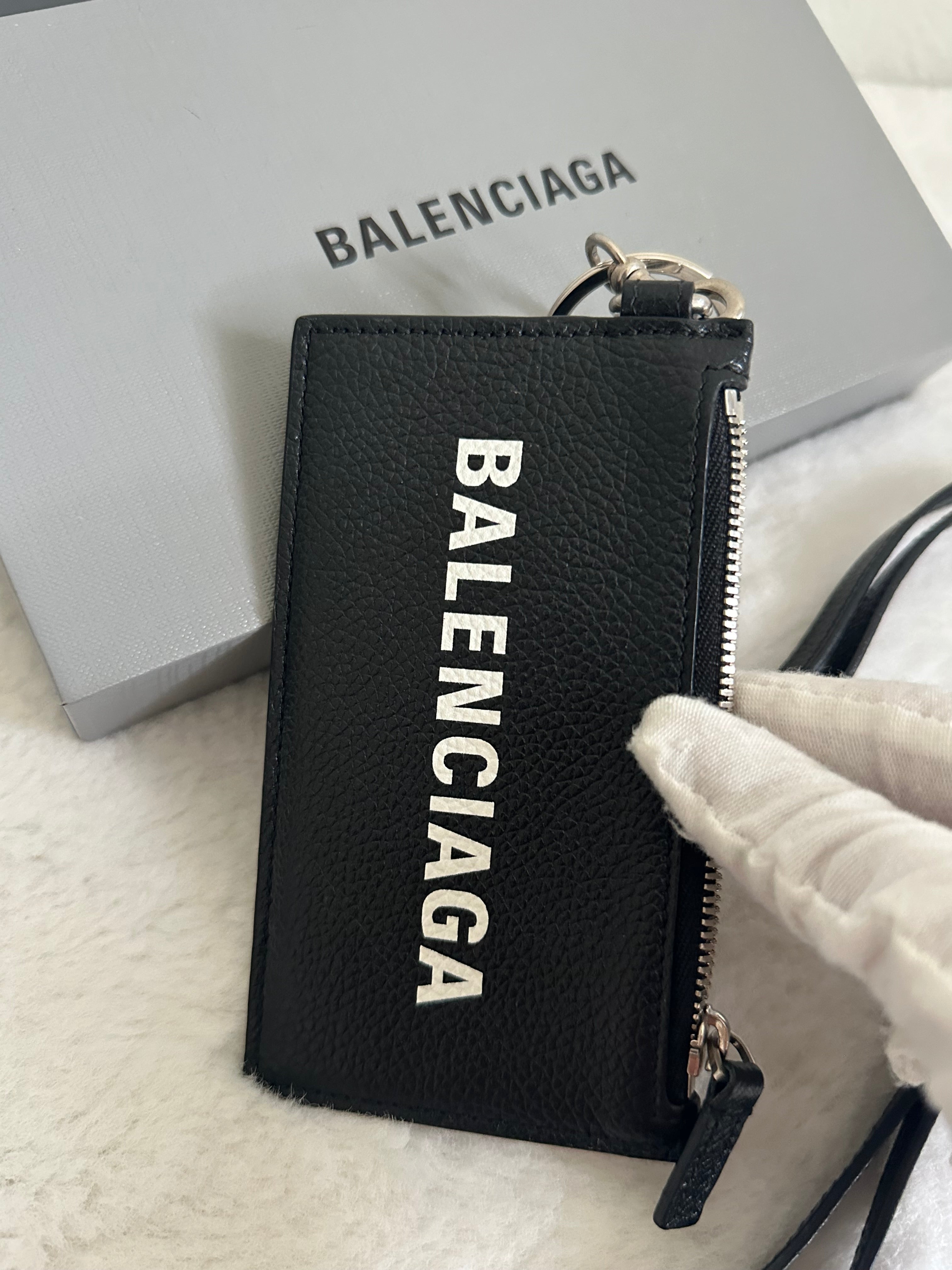 BALENCIAGA Logo-Print Full-Grain Leather Cardholder with Lanyard