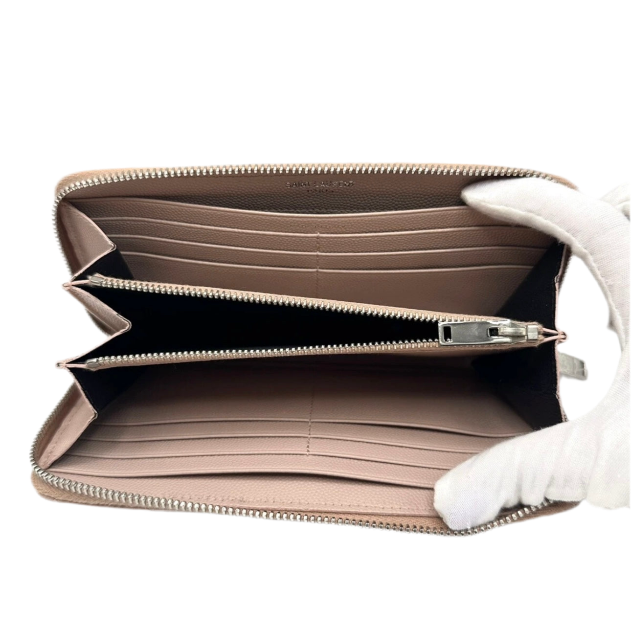 YVES SAINT LAURENT (YSL) Cassandre Matelasse Zip Around Leather Wallet Beige