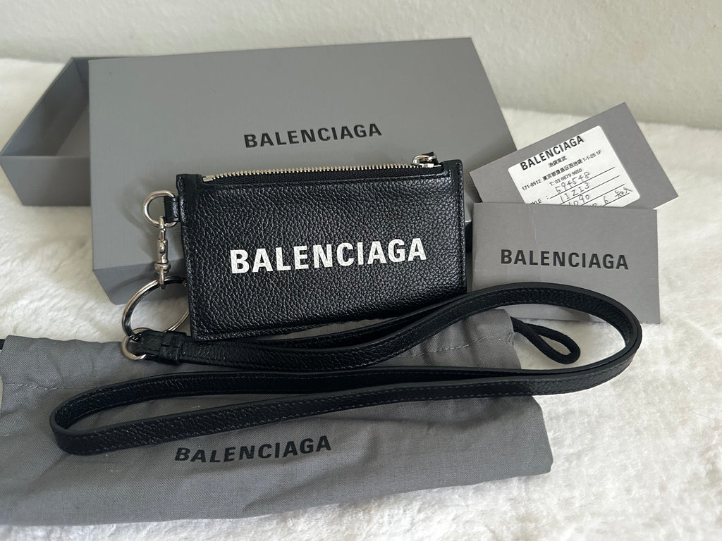 BALENCIAGA Logo-Print Full-Grain Leather Cardholder with Lanyard
