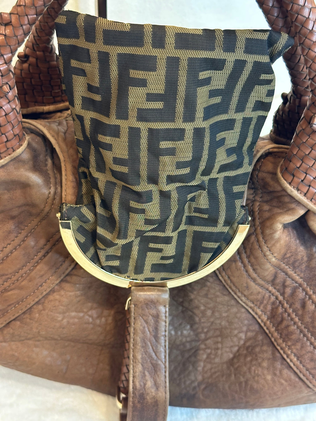 Fendi Zucca Nappa Nuvolata Vitello Tortuga Spy Bag Tobacco Brown Leather