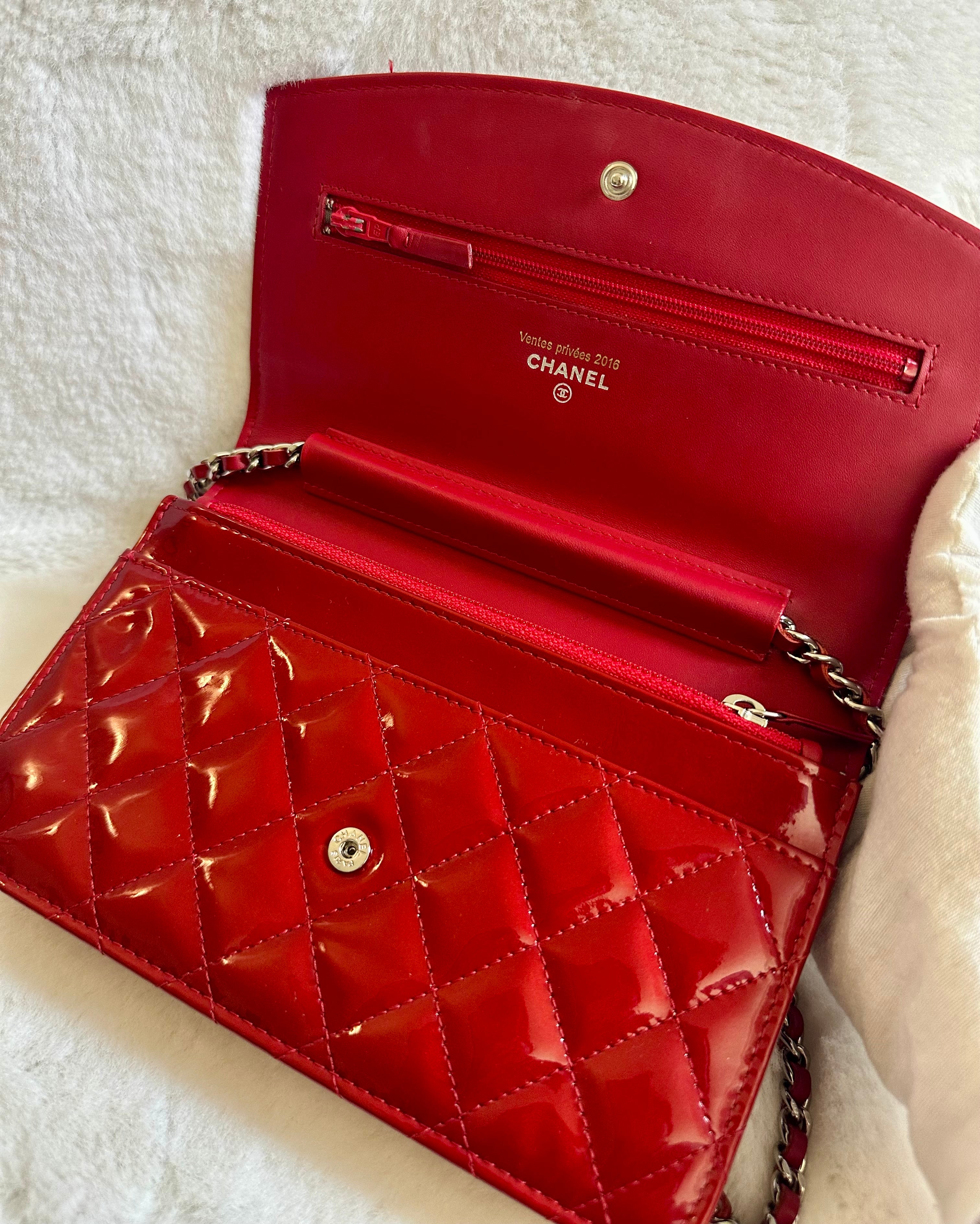 Chanel Patent Quilted Brilliant Wallet On Chain WOC in Red
