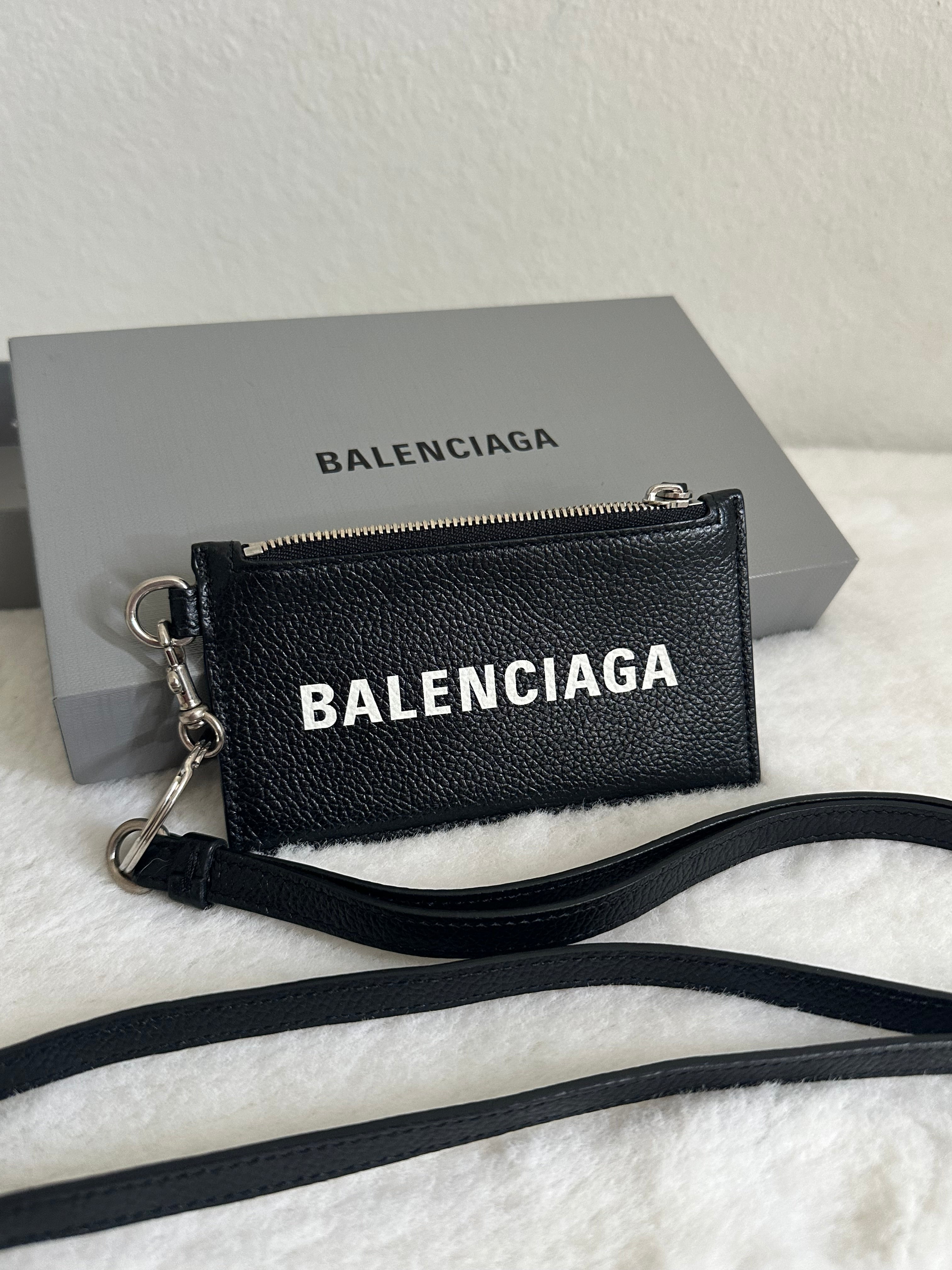 BALENCIAGA Logo-Print Full-Grain Leather Cardholder with Lanyard