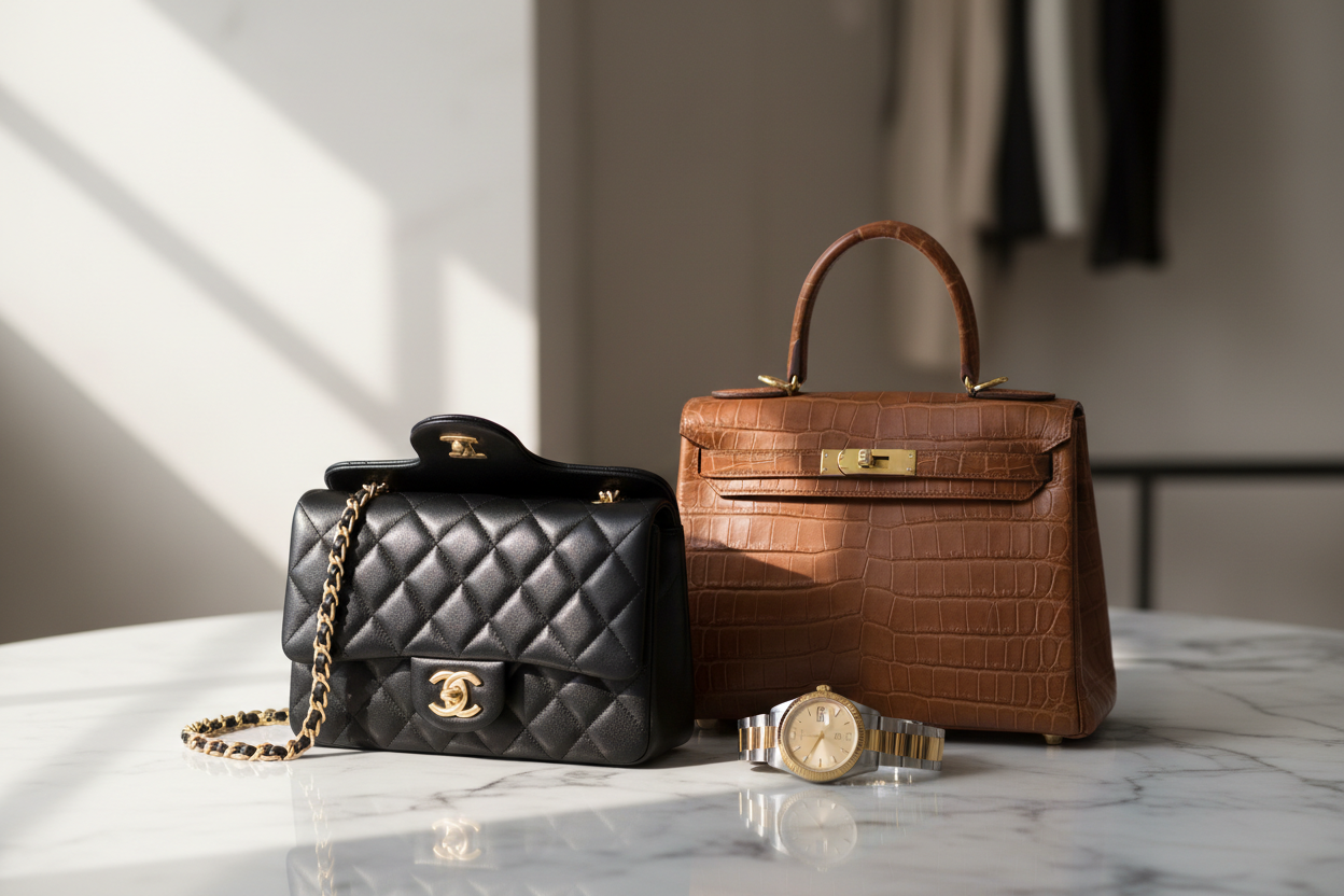 Aesthetic image of luxury Chanel, Hermes, Rolex background 